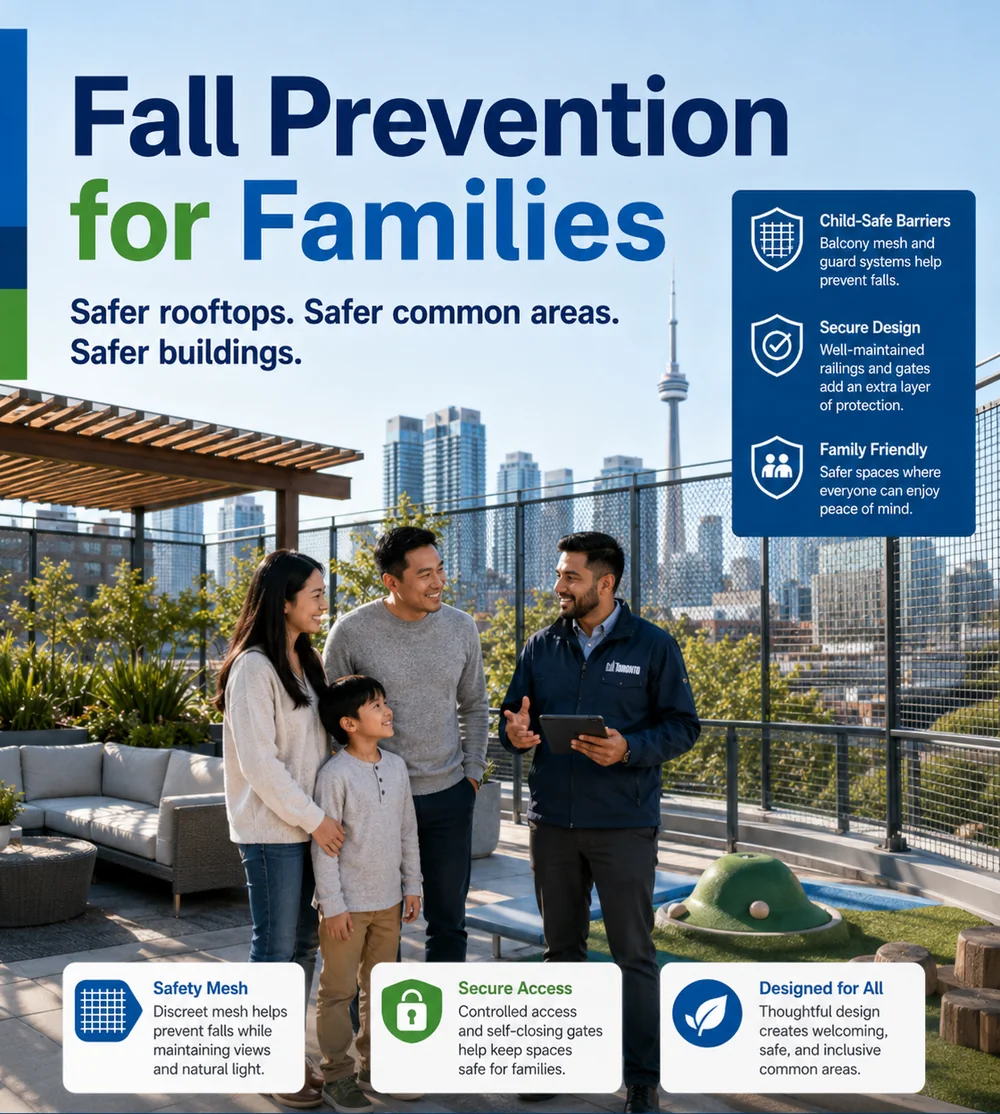 A family learning about safer rooftop barriers and secure common-area design
