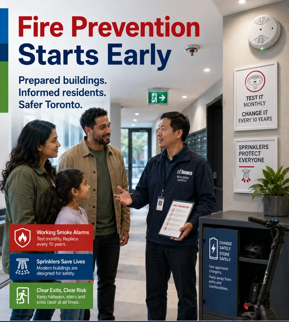 Fire prevention in a residential building with working alarms, clear exits and safer charging
