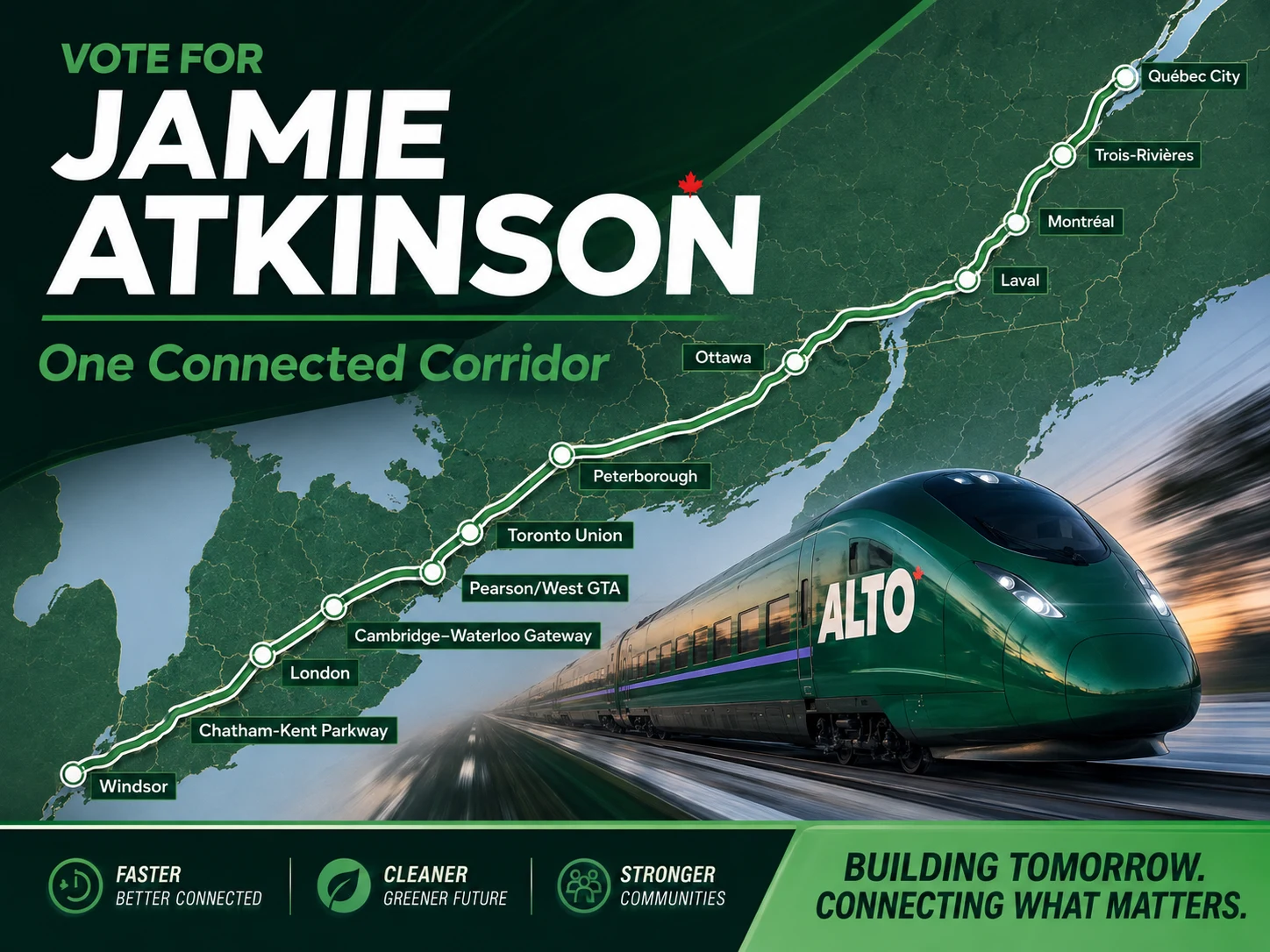 Campaign concept showing a connected rail corridor from Windsor through Toronto to Québec City