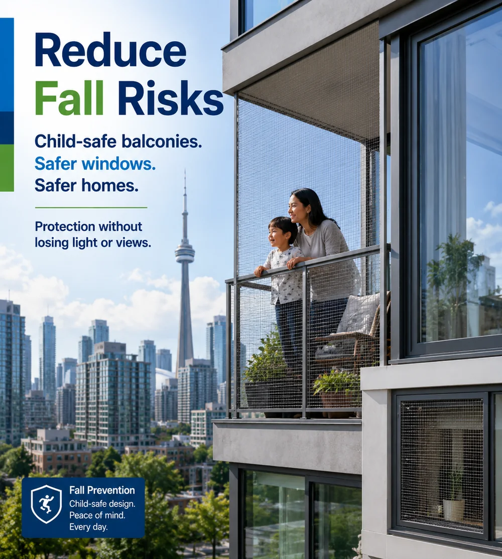 A child-safe balcony with discreet protective mesh and the Toronto skyline